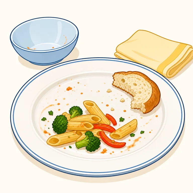 leftover（残り物・名詞）の覚え方イラスト — 名詞の leftover は、皿や鍋から保存容器へ移された「まだ出番のある残り」と考えると覚えやすいです