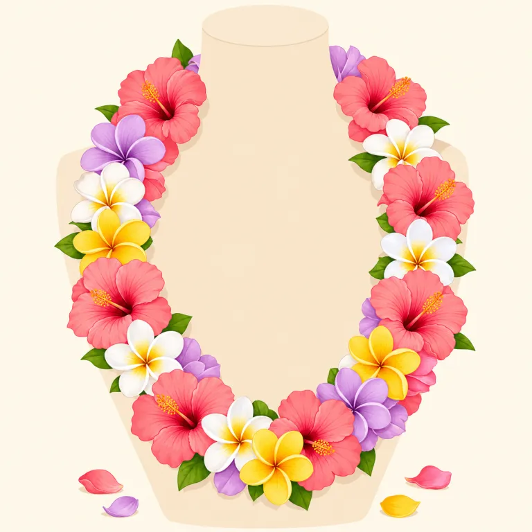 lei（花の首飾り・名詞）の覚え方イラスト — lei はハワイの歓迎場面を代表する語で、wear a lei（レイを身に着ける）、give someone a lei（人にレイを贈る）が典型表現