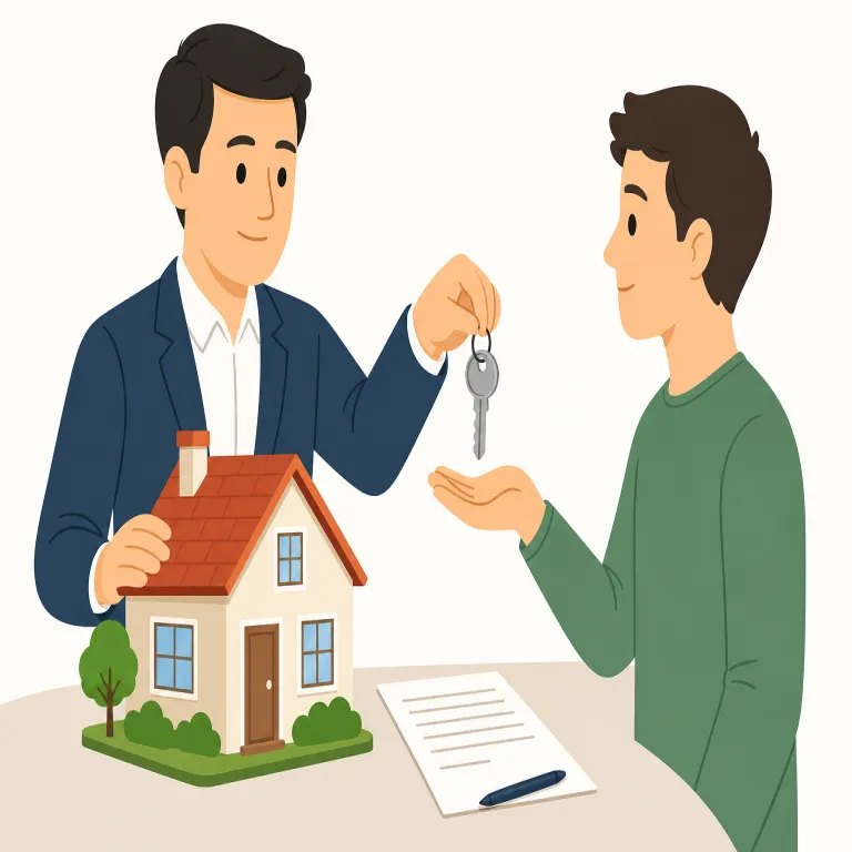 lessor（賃貸人・名詞）の覚え方イラスト — lessor は lease「賃貸借契約、貸すこと」と結びつけると覚えやすい語です