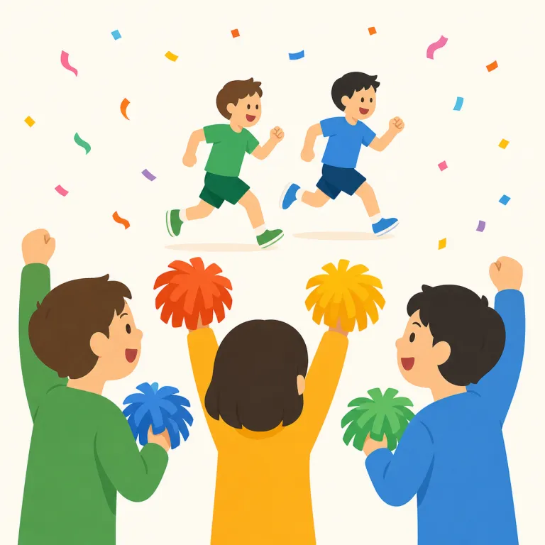let's cheer for them（応援しよう・イディオム）の覚え方イラスト — cheer は cheerful や cheers と同じ仲間で、「気分を明るくする・声援を送る」感覚を持つ語