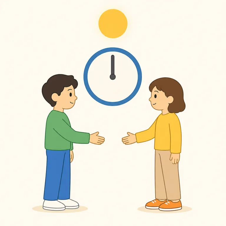 let's meet at noon（正午に会いましょう・イディオム）の覚え方イラスト — "let's meet" は「会おう」の定番かたまり、"at noon" は「正午に」