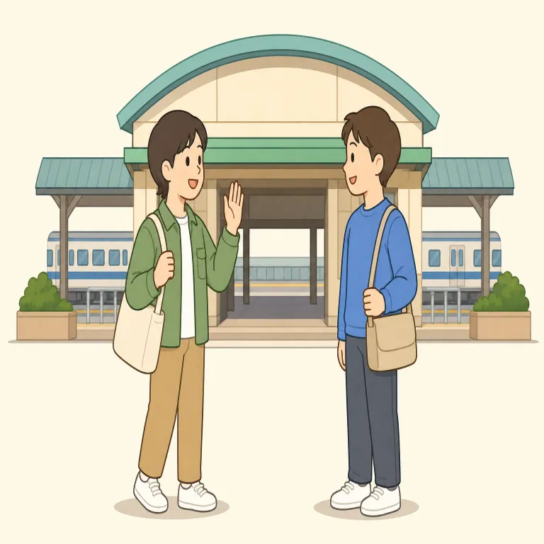 let's meet in front of the station（駅前で会いましょう）の覚え方イラスト — これは単語ごとに分けるより、待ち合わせの定番フレーズとして丸ごと覚えるのが近道です