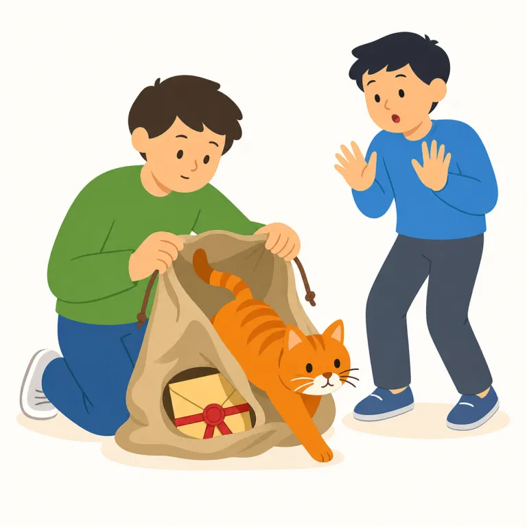 let the cat out of the bag（秘密を漏らす・イディオム）の覚え方イラスト — まずは直訳の骨組みで覚えると残りやすいです