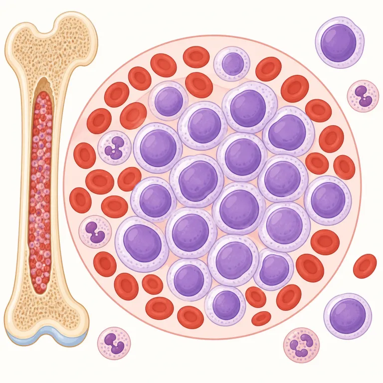 leukemia（白血病・名詞）の覚え方イラスト — leukocyte（白血球）を見たことがあれば、leuko- は「白血球・白い細胞」側の話だと結びつけやすい