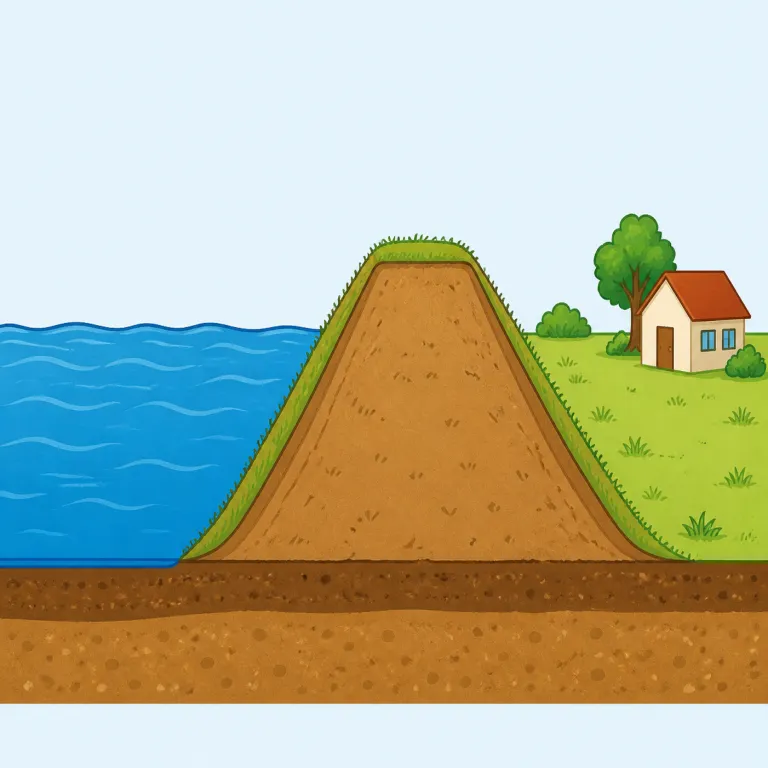 levee（堤防・名詞）の覚え方イラスト — levee は「川の water level が上がったとき、それを食い止める壁」と場面ごと覚えると残りやすい語です
