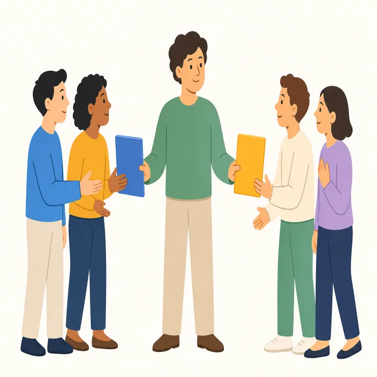 liaising（連絡を取る・動詞）の覚え方イラスト — liaising は「連絡を取る」として、担当者や部署の間で継続的に情報を伝え、必要な確認を回す動きに注目します