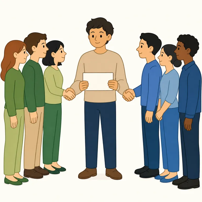 liaison（連絡・名詞）の覚え方イラスト — liaison は「単なる連絡」より、「離れた2者の間に入って調整する橋渡し役」で覚えると残りやすい語です