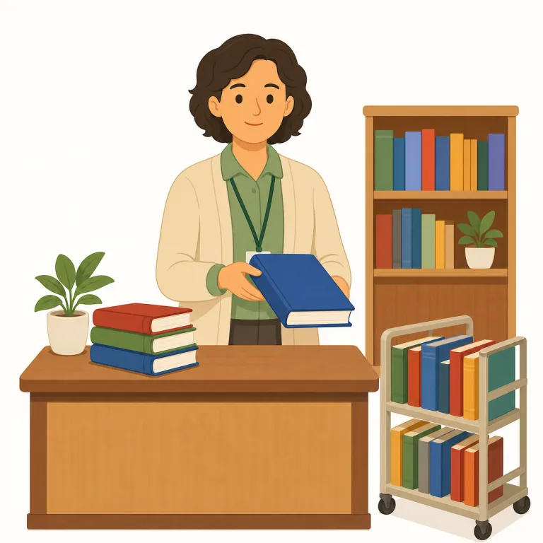 librarian（図書館員・名詞）の覚え方イラスト — libraryを知っていれば、そのまま「図書館の人」と取りやすい語です