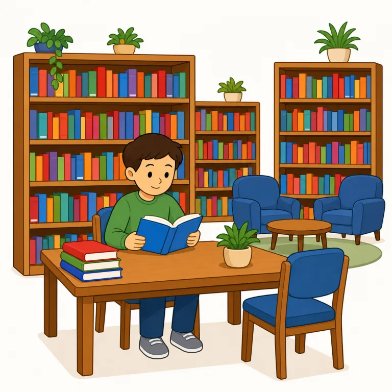 library（図書館・名詞）の覚え方イラスト — library は「本や資料を利用する施設」としての図書館を表します