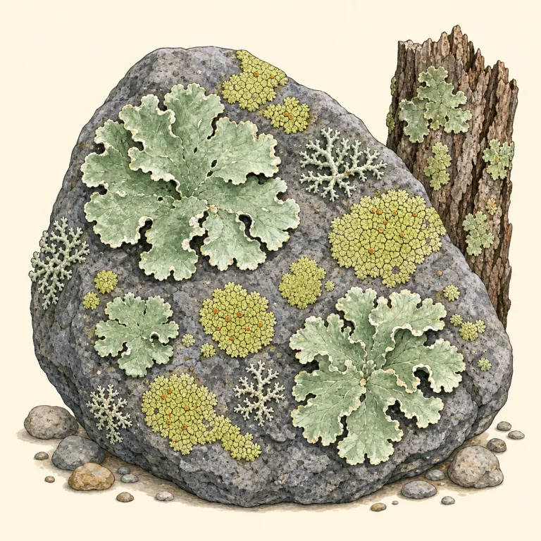 lichen（地衣類・名詞）の覚え方イラスト — まずは `moss`（コケ）や `fungus`（菌）と関連づけて覚えると定着しやすいです