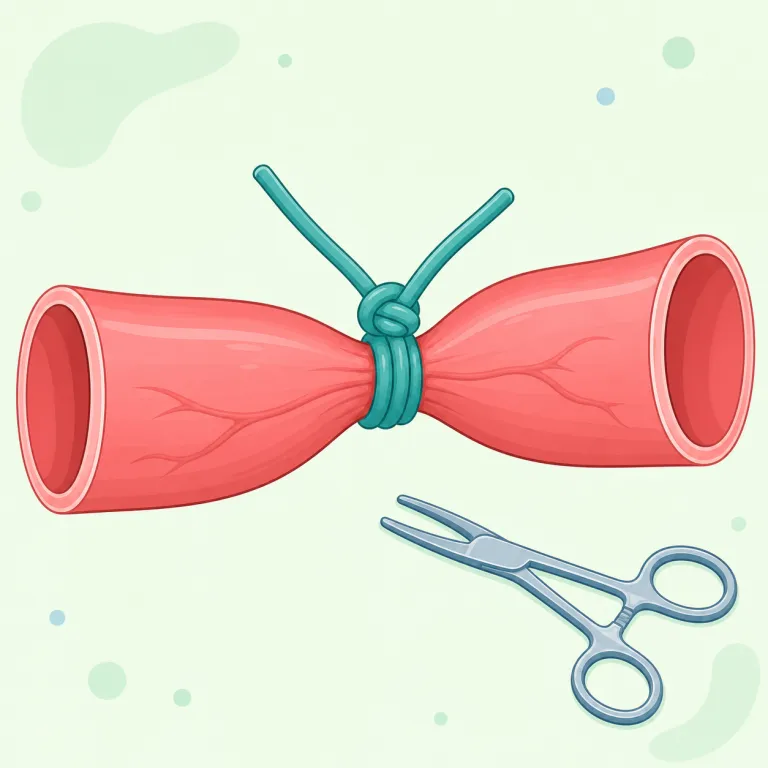 ligation（結紮・名詞）の覚え方イラスト — `ligation` は単独で覚えるより、`ligament`（靱帯）や `ligature`（文字や組織を結んだもの）とセットで見ると残りやすい語です