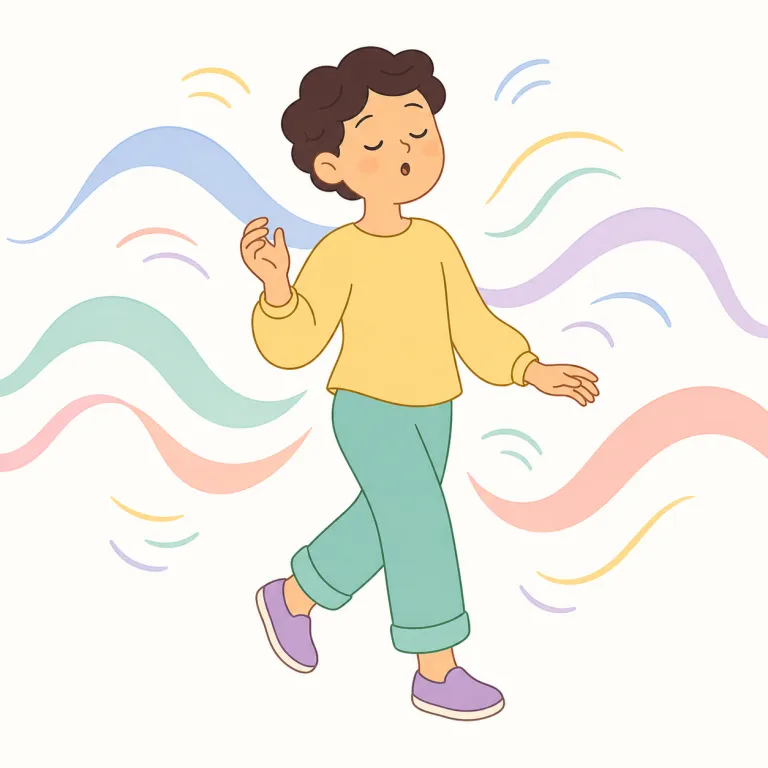 lilting（軽快な・形容詞）の覚え方イラスト — この「軽快な」は、lilting の基本義「リズミカルな」とは別に、声や音楽が明るく弾むように感じられるニュアンスとして覚えるとよいです