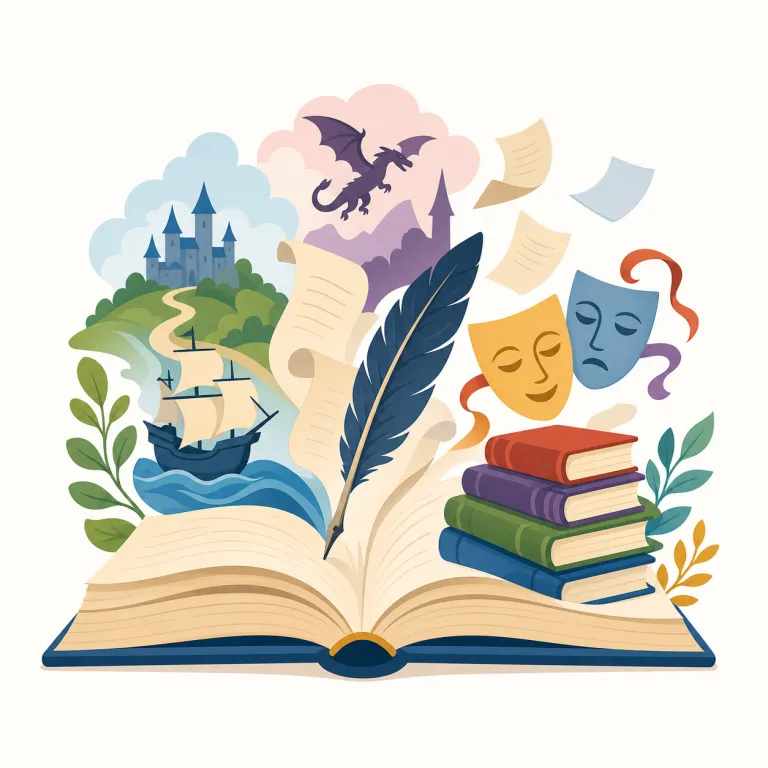 literature（文学・名詞）の覚え方イラスト — literature の「文学」は、小説・詩・戯曲など、言葉で作られた芸術作品やその分野全体を指します