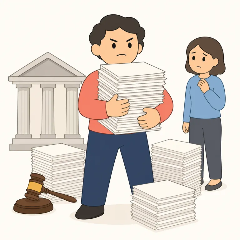 litigious（訴訟的な・adjective）の覚え方イラスト