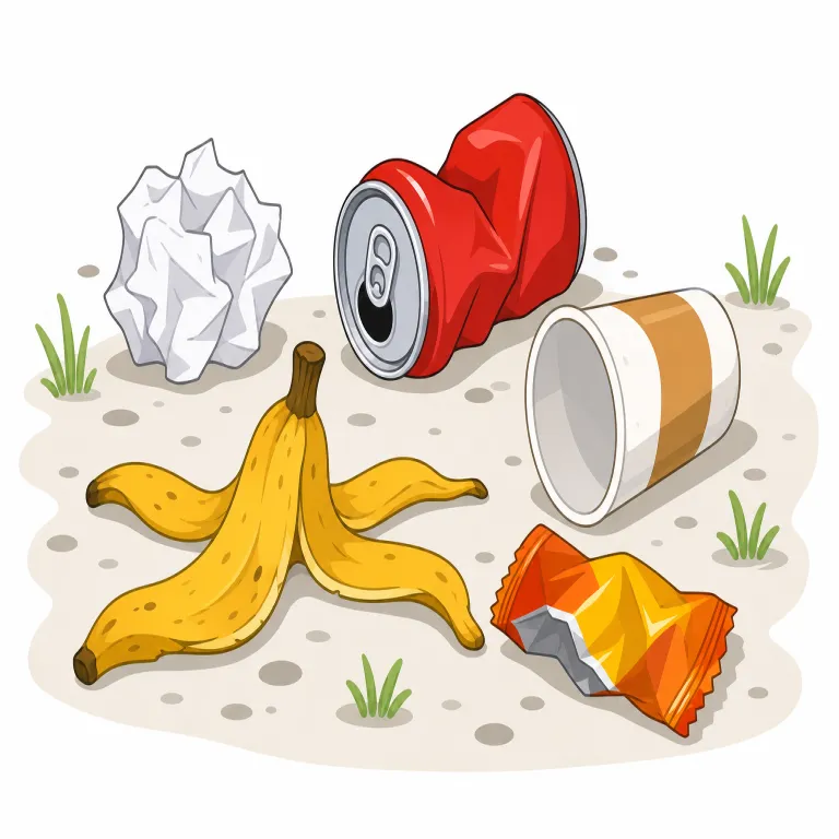 litter（ごみ・名詞）の覚え方イラスト — litter は家庭から出す garbage や、広く不要物を指す trash よりも、外の共有空間に残されたポイ捨てごみを思い浮かべると定着しやすい語です
