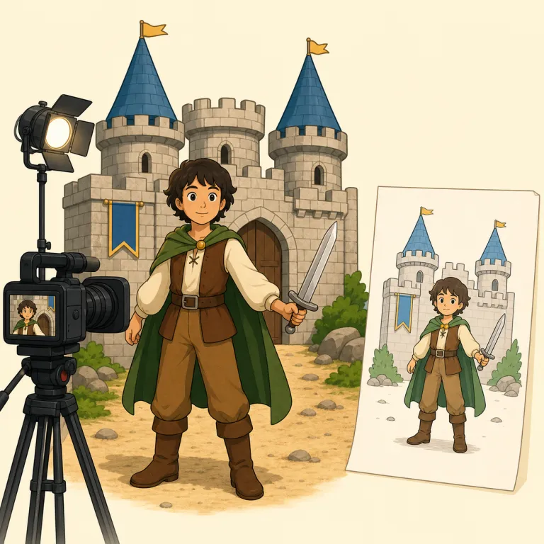 live-action（実写の・形容詞）の覚え方イラスト — live「生身の」＋action「動き」と分け、絵を動かす animation に対して、生身の俳優が動く映像だと覚えると定着しやすい