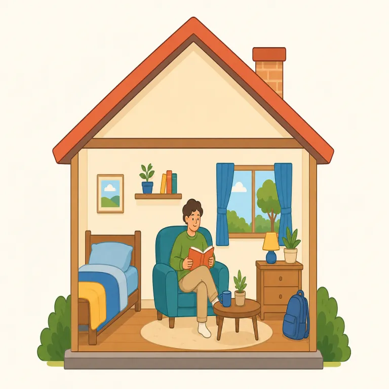 live in（～に住む・句動詞）の覚え方イラスト — この用法では live を「生活の拠点を置く」と考え、in の後ろに都市・国・建物・地域など、暮らしている場所を続けます