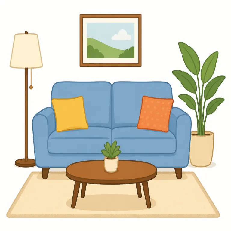 living room（居間・名詞）の覚え方イラスト — living は live「暮らす、生きる」から来ていて、living room は「暮らしのための部屋」と考えると覚えやすいです
