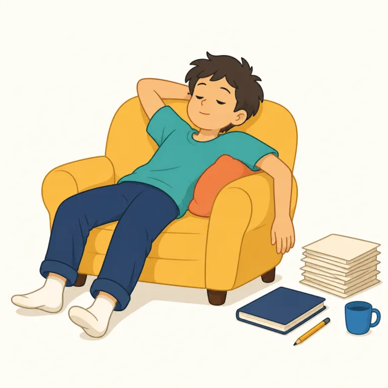 loafing（怠ける、ぶらぶら過ごす・動詞）の覚え方イラスト — loafing は lazy に近いですが、「ただ怠ける」より、やることがあるのにだらだら時間をつぶす感じです