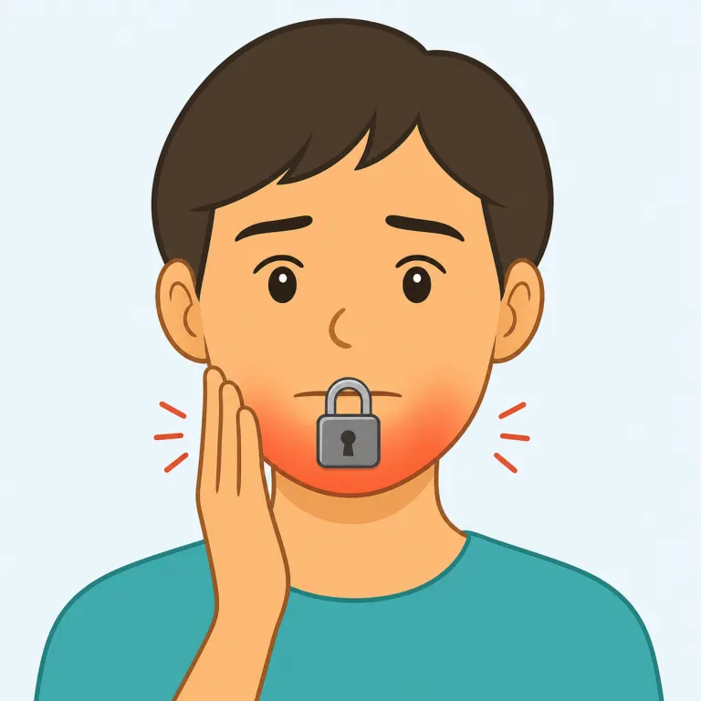 lockjaw（破傷風・名詞）の覚え方イラスト — lock と jaw が見えれば、「顎がロックされて開かない状態」と直感できる