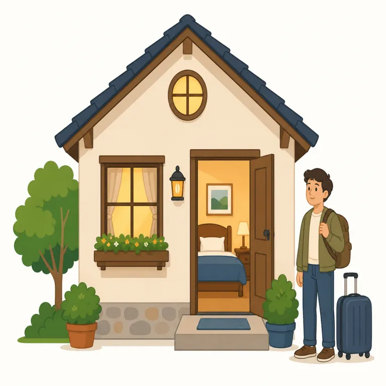 lodging（宿泊施設、下宿・名詞）の覚え方イラスト — 「lodging」は、まず lodge（泊まる・滞在する）から連想すると覚えやすいです