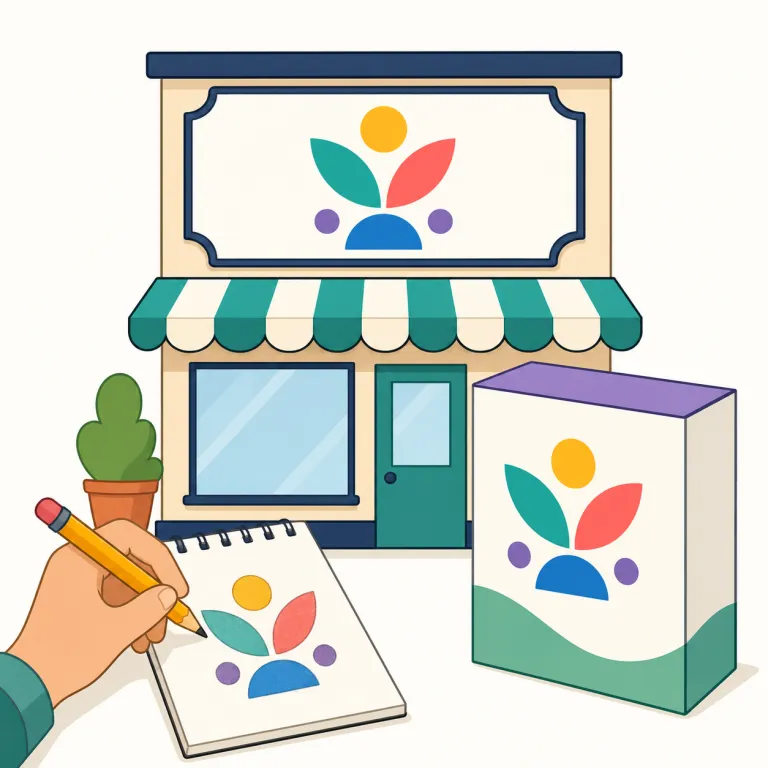 logo（図案化した文字・記号・名詞）の覚え方イラスト — logo は company logo, brand logo, logo design の形で触れると覚えやすい語です