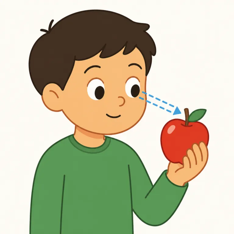 look at（見る・句動詞）の覚え方イラスト — look だけでも「見る」だが、look at は at が加わることで「視線をその対象にぴたっと向ける」と捉えると覚えやすい