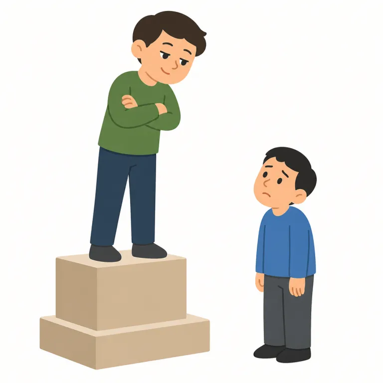look down on（見下す・句動詞）の覚え方イラスト — look down on は3語をそのまま場面で覚えると強い