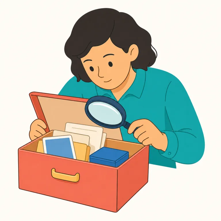 look into（調査する・句動詞）の覚え方イラスト — look into は「look（見る）」に into（中へ）が付いた表現で、ここでは物理的に中をのぞく意味から一歩進み、問題や原因の「内側」を確かめる意味になります