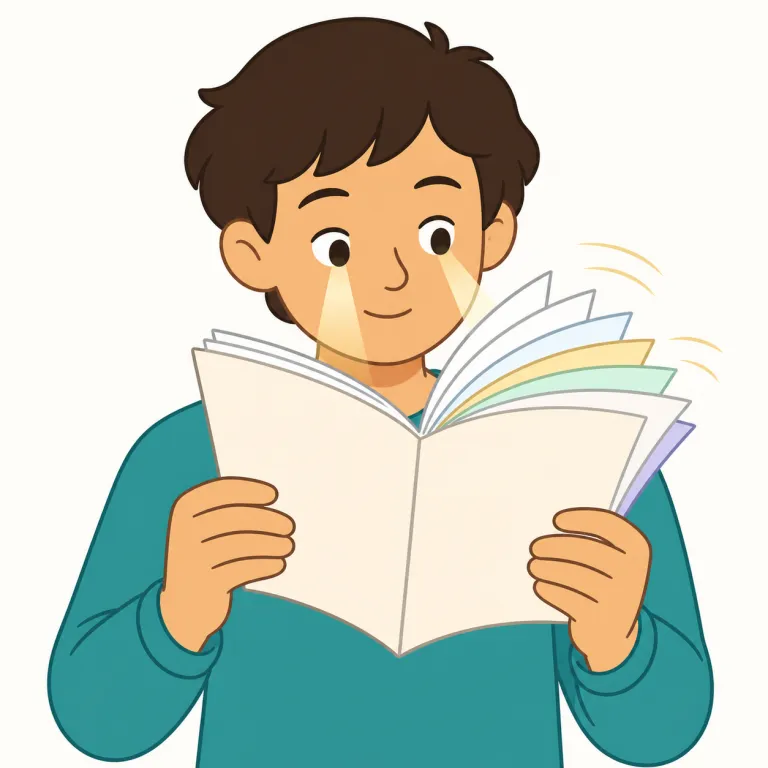 look through（にざっと目を通す・句動詞）の覚え方イラスト — look through は「資料の中を視線で通っていく」と考えると覚えやすいです