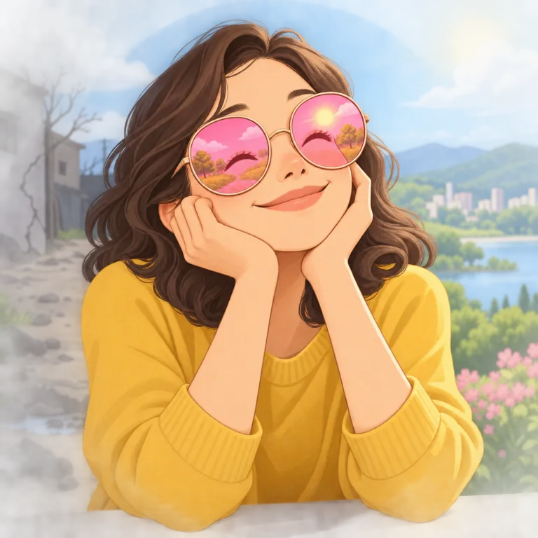 look through rose colored glasses（楽観視する・idiom）の覚え方イラスト