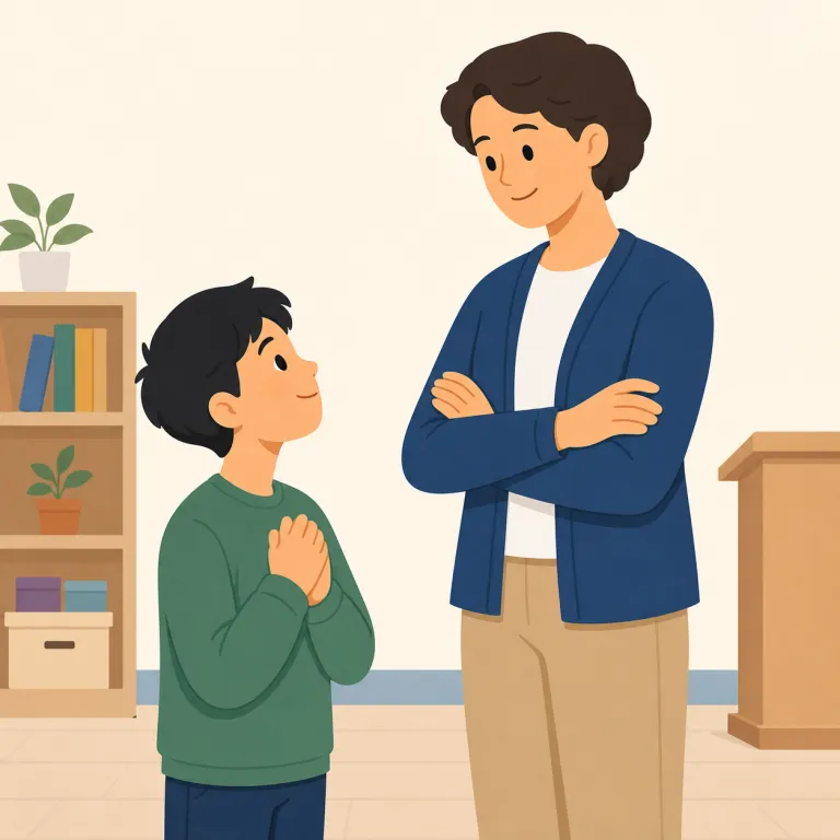 look up to（尊敬する・句動詞）の覚え方イラスト — look up は単体だと「見上げる」「調べる」だが、look up to になると、人に向かって視線も評価も上へ向ける感じになる