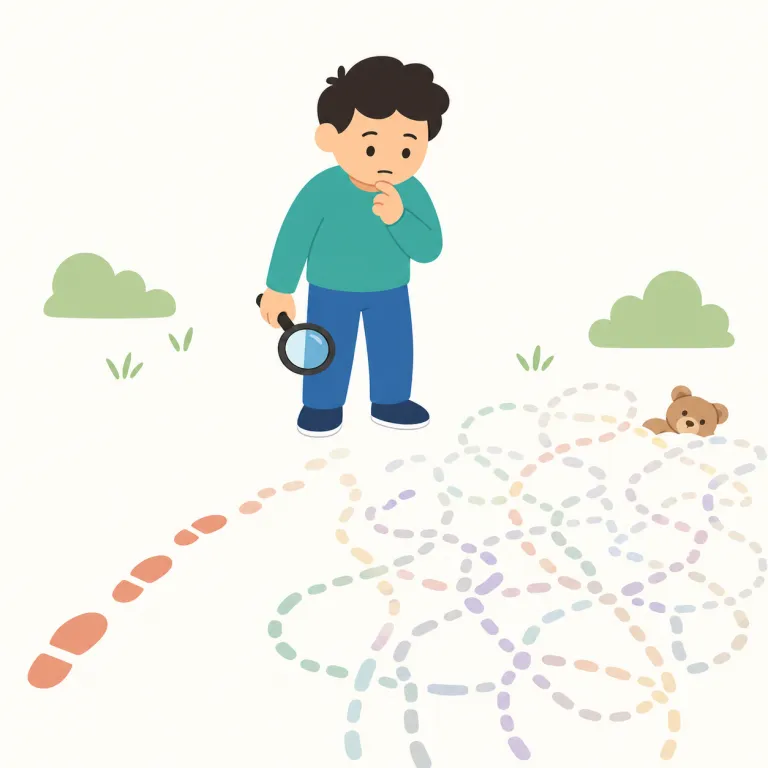 lose track of（見失う・イディオム）の覚え方イラスト — この「見失う」は、何かを追っていたのに途中でその対象を追えなくなるイメージで覚えます