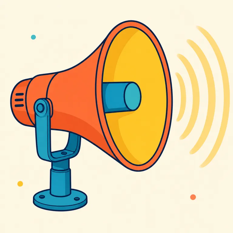 loudspeaker（拡声器・名詞）の覚え方イラスト — loud「大きな音の」＋speaker「音を出すもの」と分け、「音を大きくして伝える装置」と覚えると定着しやすいです