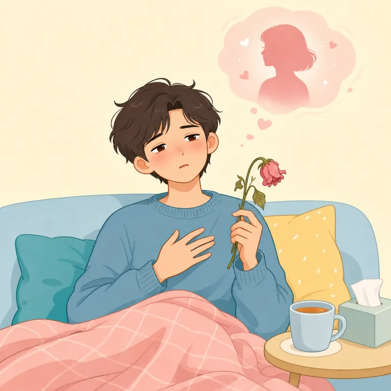 lovesick（恋に悩む・形容詞）の覚え方イラスト — love + sick で「恋で具合が悪い」と直感すると残りやすい語です