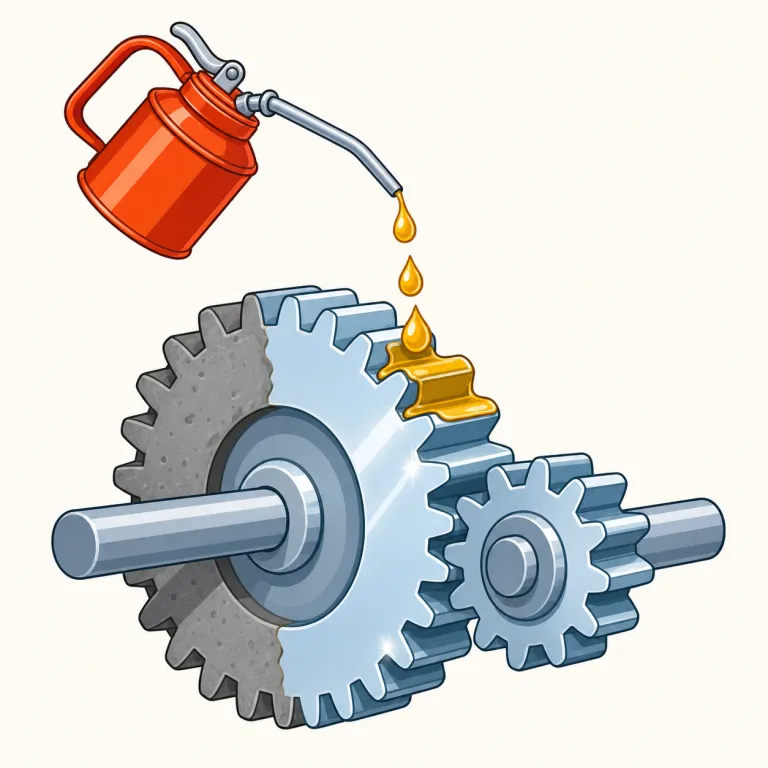 lubricate（潤滑する・動詞）の覚え方イラスト — 機械の文脈で見たら「oil や grease を足して、動きを smooth にする動詞」と覚えると定着しやすいです