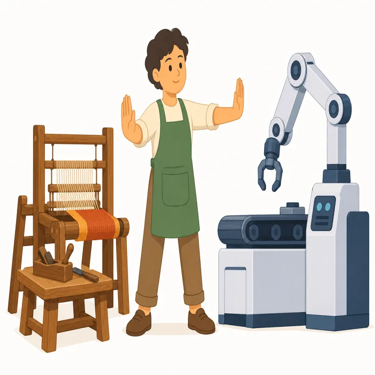 luddite（新技術に反対する人・名詞）の覚え方イラスト — luddite は、19世紀初頭のイギリスで機械化に反発した労働者運動に由来する語です
