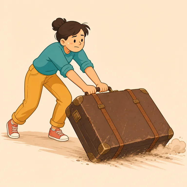 lugged（重荷を運んだ・動詞）の覚え方イラスト — lugged は lug の過去形で、luggage「荷物」と結びつけると覚えやすい