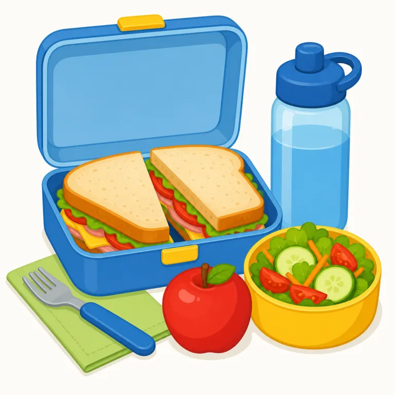 lunch（昼食・名詞）の覚え方イラスト — まず breakfast, lunch, dinner の3点セットで覚えると定着しやすい語です