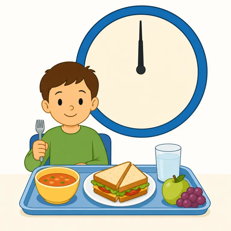 lunchtime（昼食の時間・名詞）の覚え方イラスト — この意味では lunchtime を「昼休み」という休憩全体ではなく、昼食を食べる頃の時間帯として覚えます