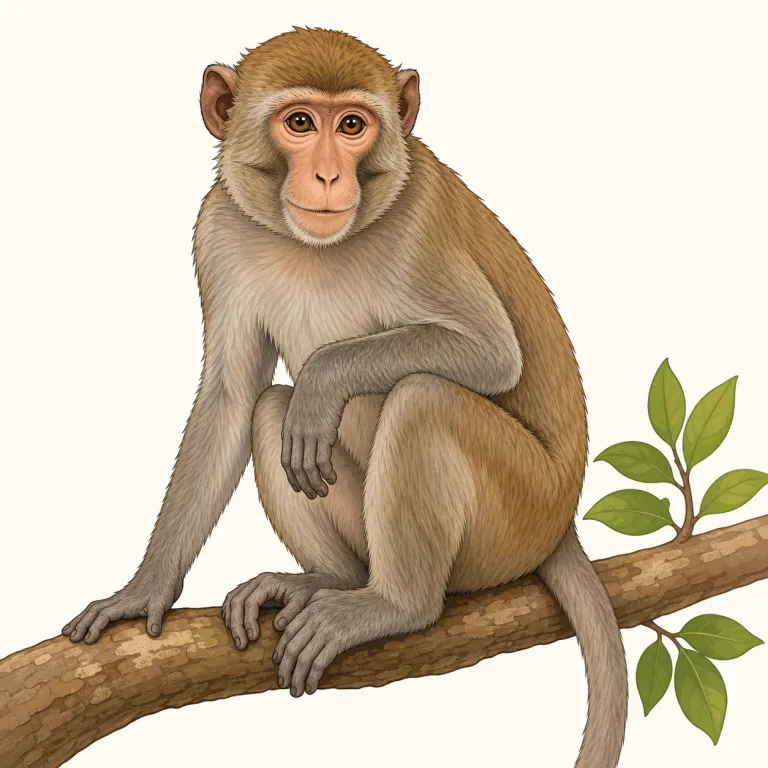 macaque（マカク（サル）・名詞）の覚え方イラスト — 動物名として固有に覚える語で、まず `Japanese macaque`＝ニホンザル、`rhesus macaque`＝アカゲザル、のように種名で見かける単語だと押さえると定着…