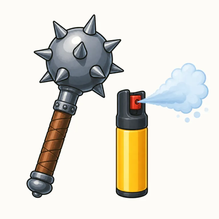 mace（鉄鎚 / 催涙スプレー・名詞）の覚え方イラスト — この語は現代では、バッグやベルトに付ける小型の防犯スプレーをまず思い浮かべるとよいです
