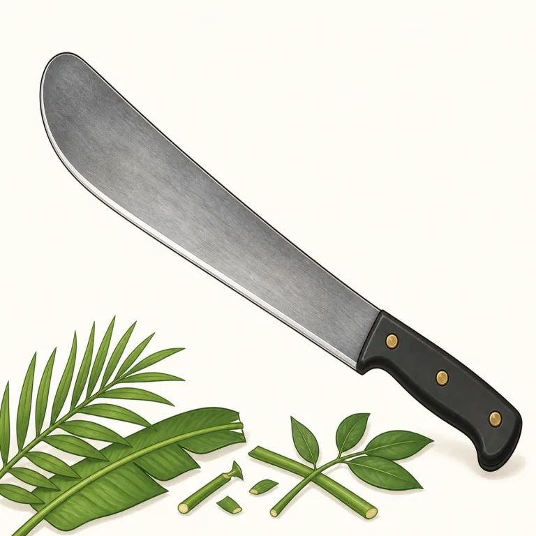 machete（山刀・名詞）の覚え方イラスト — knife よりはるかに大型で、jungle や field で草木を cut through する道具として覚えると定着しやすい