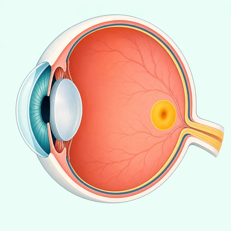 macula（黄斑・名詞）の覚え方イラスト — 単体で見ると覚えにくいので、まずは macular degeneration（黄斑変性）や macular edema（黄斑浮腫）という定番連語で押さえると定着しやすい語です
