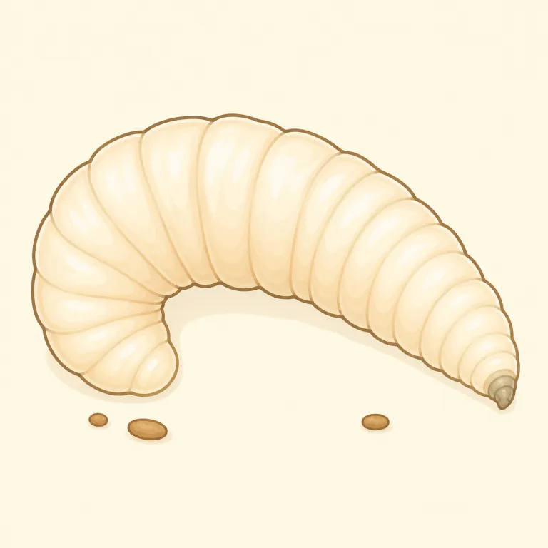 maggot（ウジ虫・名詞）の覚え方イラスト — まず grub や worm よりずっと場面が限定される語で、『腐った肉や死体、ゴミにわく白くてうごめくハエの幼虫』という強い映像に固定すると忘れにくくなります