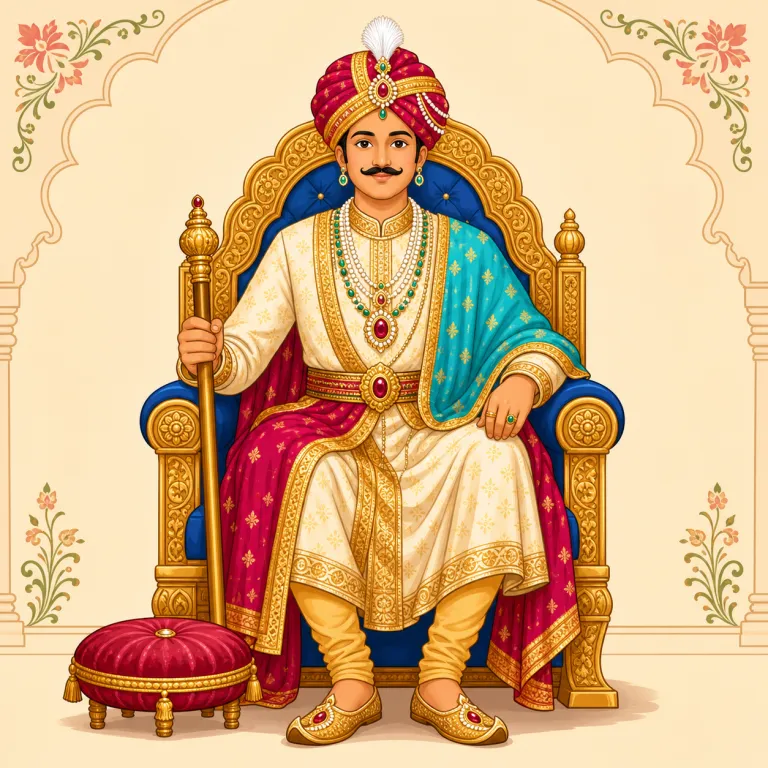 maharaja（（インドの）王侯、君主・名詞）の覚え方イラスト — raja / rajah を「インド圏の王」とセットで覚え、maharaja はその格上版と見ると定着しやすい
