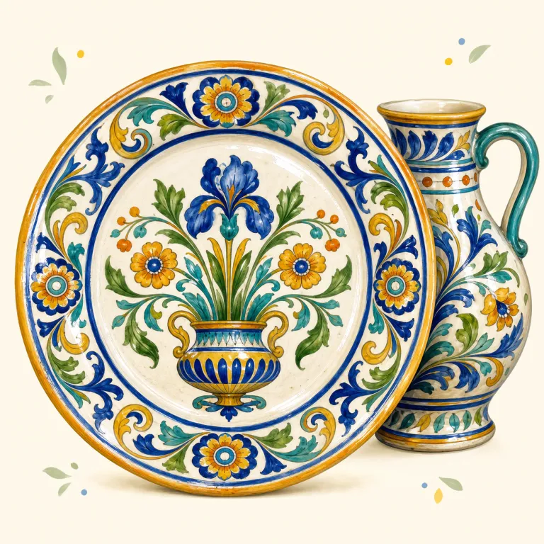 majolica（マジョリカ焼き、錫釉陶器・名詞）の覚え方イラスト — majolica は日用品の名前というより、美術・工芸の「様式名」として覚えると定着しやすい語です