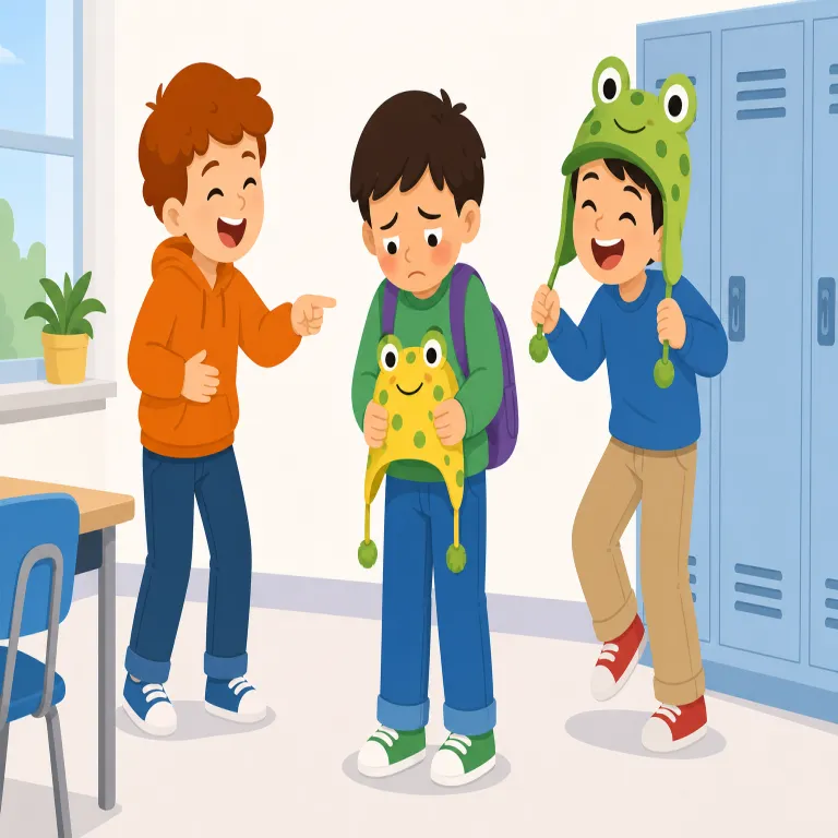 make fun of（をからかう、ばかにする・イディオム）の覚え方イラスト — fun は「楽しい」ですが、make fun of は「相手を楽しみの材料にする」とまとめて覚えると残りやすい表現です