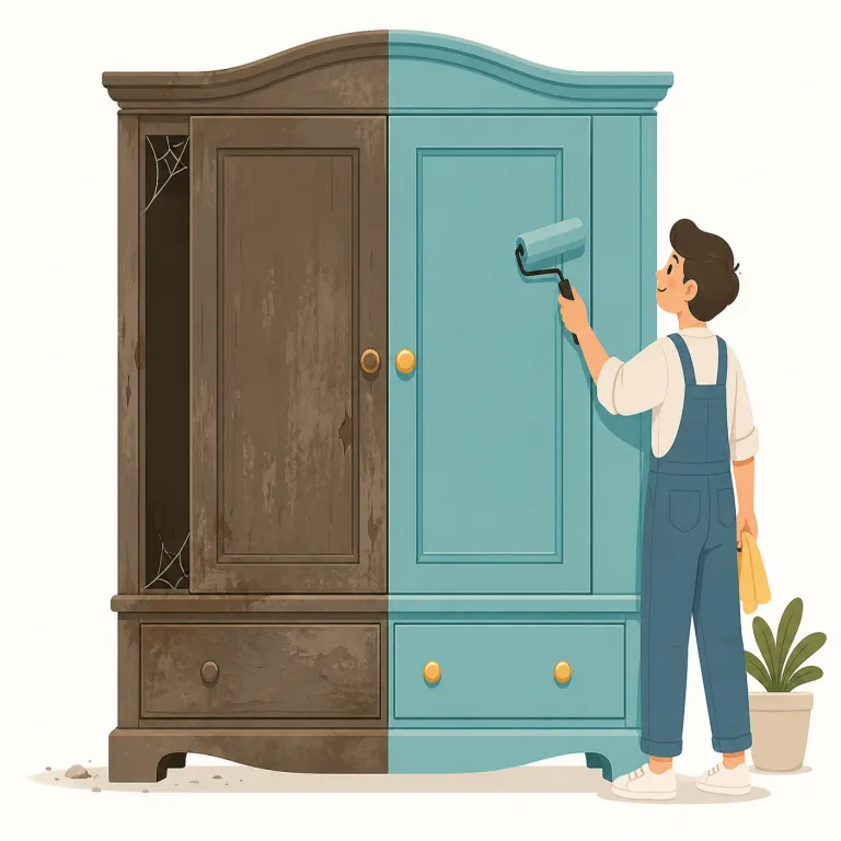 make over（一新する・句動詞）の覚え方イラスト — make over の「一新する」は、部屋・服装・髪型・外見などに手を入れて、見た目や印象を作り替える用法です