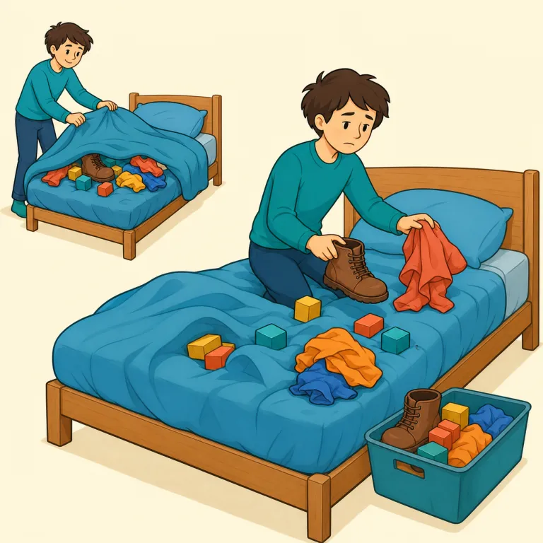 make own bed（自ら招いた結果に責任を負う・イディオム）の覚え方イラスト — make + own + bed を見たら、「自分で作った寝床には自分で寝るしかない」と考えると覚えやすいです